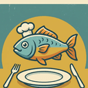Fishlist — a chef-hatted fish on a retro plated-meal badge.