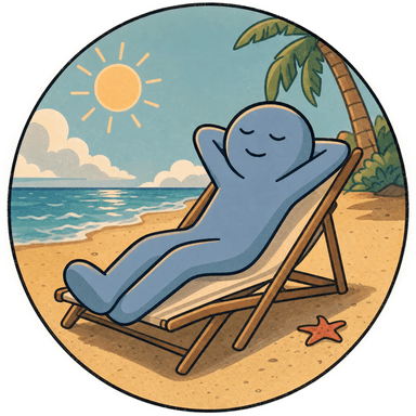 A relaxed blue figure napping on a beach chair under a palm tree.